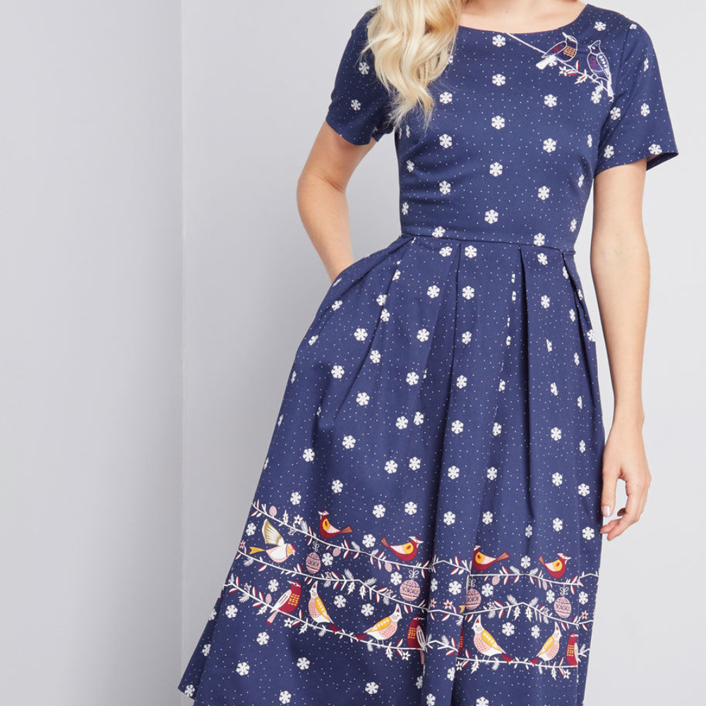 ModCloth Navy Blue Bird & Snowflake Midi Dress